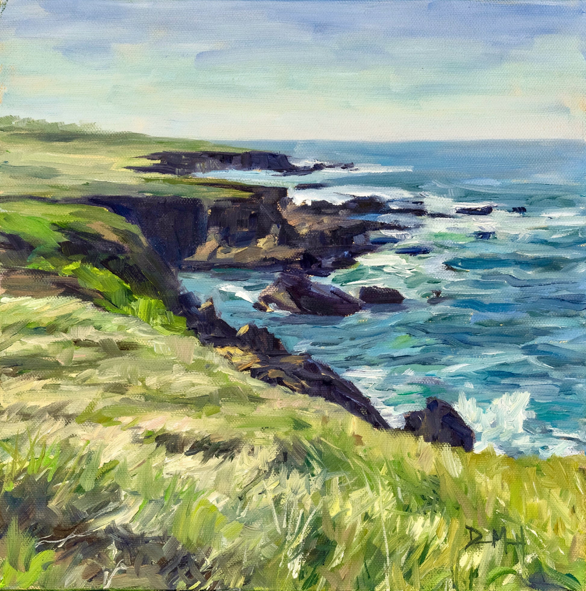 Sea cliffs and ocean in morning sun.  Green and gold grass in foreground.