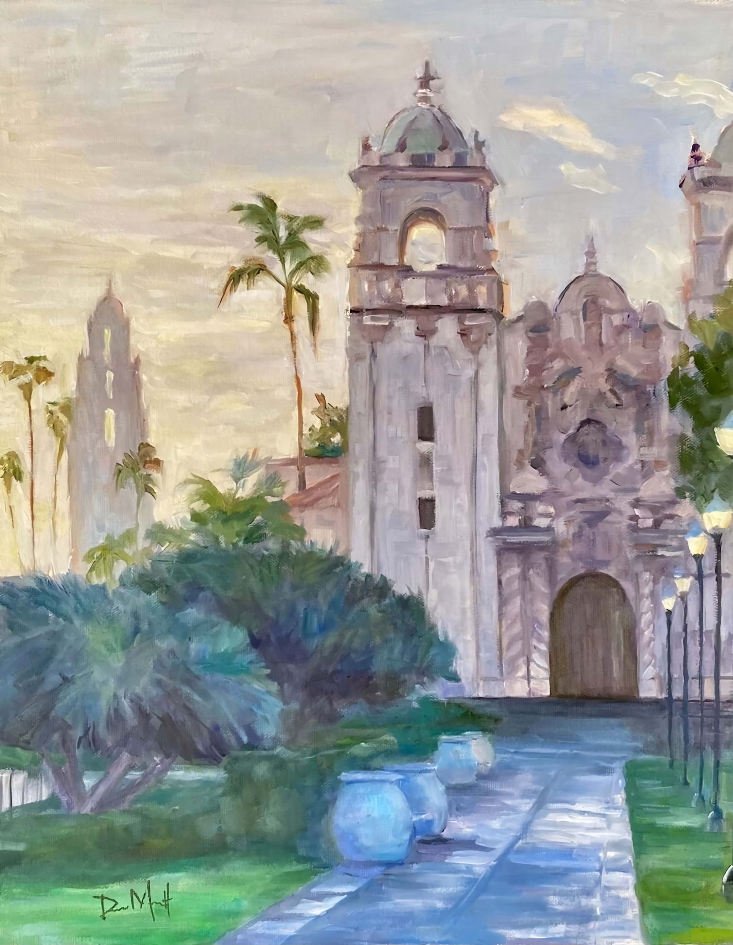 Painting of sun setting behind building of Spanish architecture with towers.  Walkway through park in foreground.  