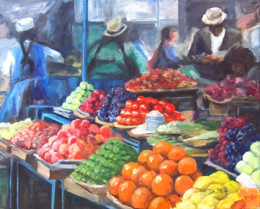 Painting of produce for sale, including organges, lemonts, peached tomatoes and grapes. Behind the fruit are people in the traditional clothing of Cuenca, Ecuador.