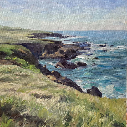 Painting of rocky ocean bay with sea rocks.  Windblown grass in the foreground. 