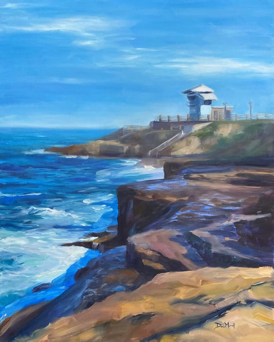 Painting of ocean cliffs, crashing waves and lifeguard tower overlooking childrens's pool.