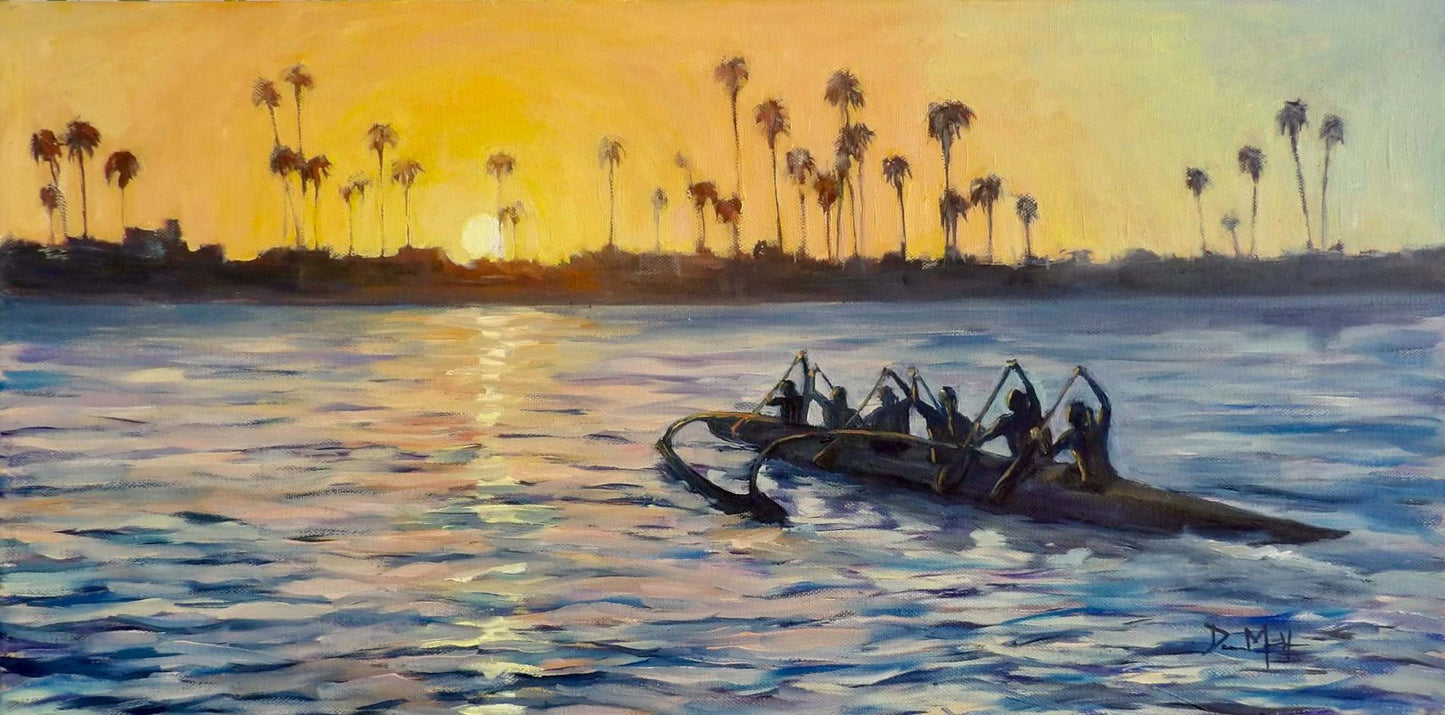 6-person outrigger canoe paddling toward sun setting behind palm trees