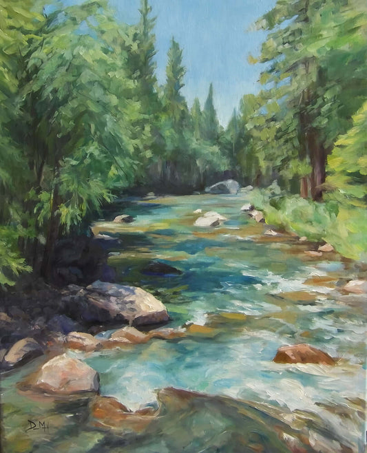 Painting of mountain stream in sierra Nevada mountains. 