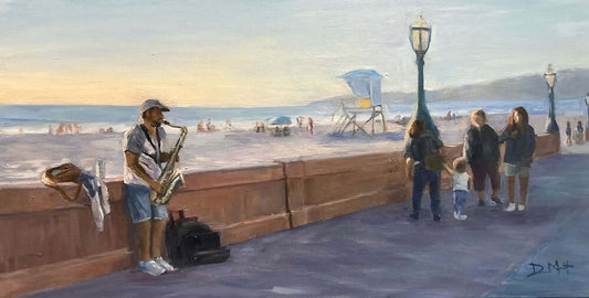 Paper, canvas and metal prints of original oil paintinPainting of musician playing saxophone on Mission Beach boardwalk in San Diego, CA. Beach and lifeguard tower in background.