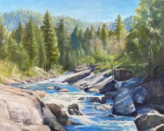 Painting of mountain stream. Stanislaus River in the Sierra Nevada mountains, near Arnold, California