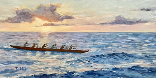 Outrigger canoe (OC6) paddling on rough water at sunset. 