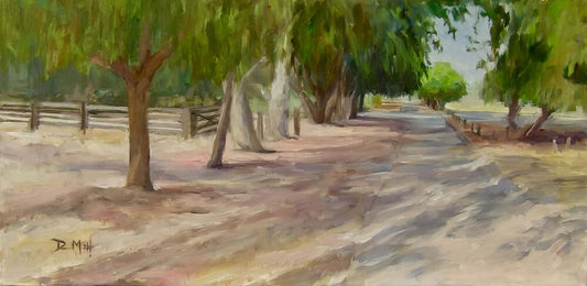 Painting of dusty path with mottled shade from trees.  Trees and old fences line path.